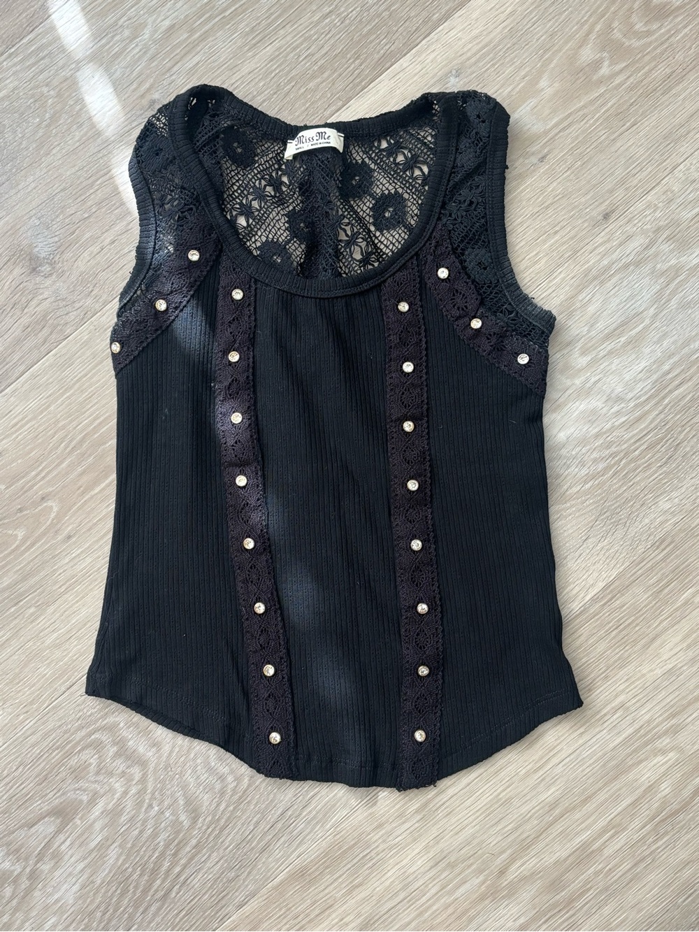Miss Me Black Lace-Trim Ribbed Tank Top